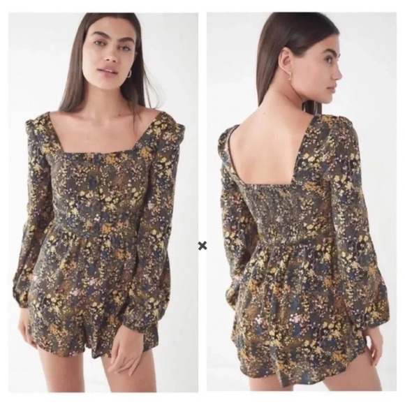 Urban Outfitters Paulina Floral Square Neck Romper, Color Black/Yellow Size SP - Picture 1 of 15